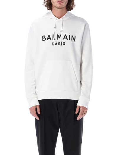 Shop Balmain Logo Printed Drawstring Hoodie In White