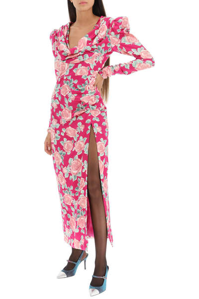 Shop Alessandra Rich Rose Print Long Silk Dress In Fuchsia
