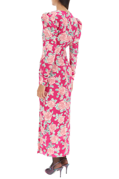 Shop Alessandra Rich Rose Print Long Silk Dress In Fuchsia
