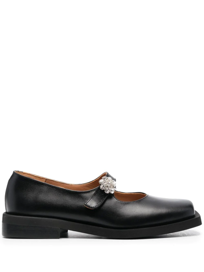 Shop Ganni Crystal-embellished Square Toe Loafers In Black