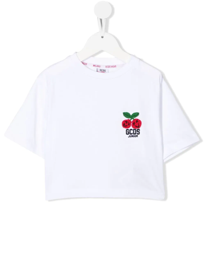 Shop Gcds Logo-embroidered Cropped T-shirt In White