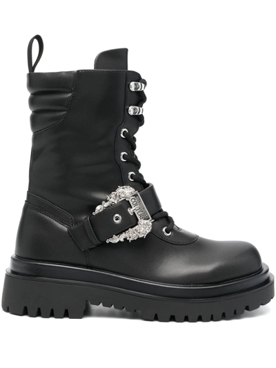 Shop Versace Jeans Couture Buckled Lace-up Combat Boots In Black