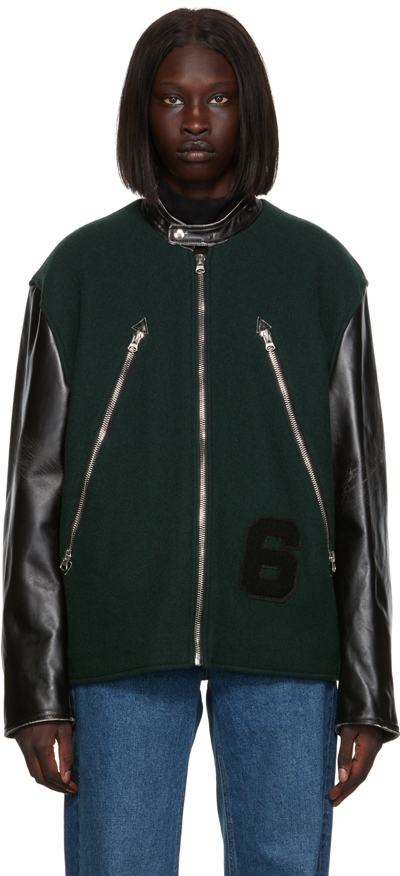 Shop Mm6 Maison Margiela Green Paneled Leather Jacket In 650 Petrol Green