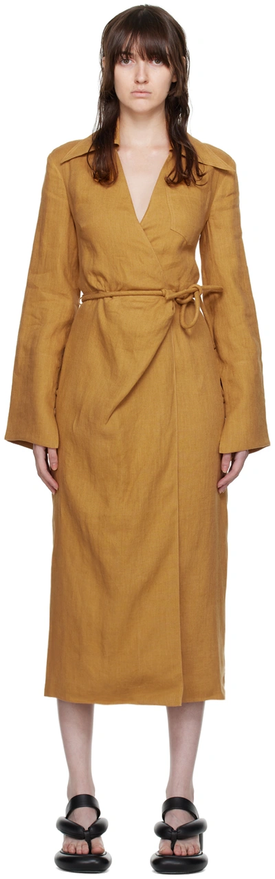 Nanushka Farah Back Long Sleeve Open Linen Wrap Shirtdress In Camel