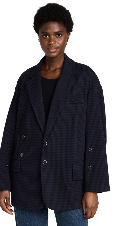 Tibi Camille Check Liam Snap Blazer In Black/navy Multi