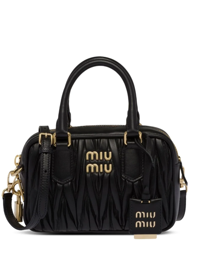 Shop Miu Miu Matelassé Logo-plaque Tote Bag In Black