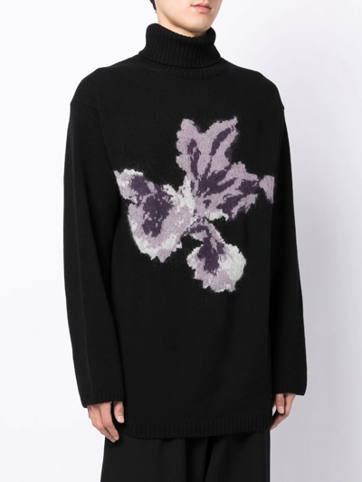 Shop Yohji Yamamoto Floral Intarsia-knit Wool Jumper In Black