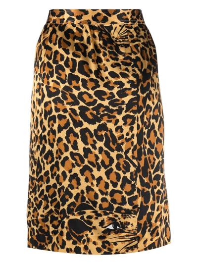 Pre-owned Saint Laurent Leopard-print High-waisted Silk Skirt In Brown
