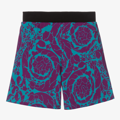 Shop Versace Boys Turquoise Blue Shorts In Purple