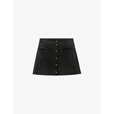 Shop Maje Womens Noir / Gris Jourget Buttoned High-waisted Vinyl-leather Mini Skirt