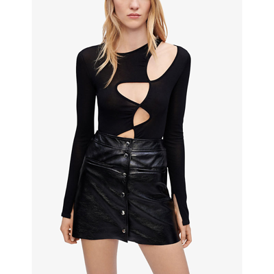 Shop Maje Womens Noir / Gris Jourget Buttoned High-waisted Vinyl-leather Mini Skirt