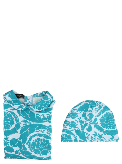 Shop Versace Barocco Sleepsuit + Hat Baby Set In Light Blue