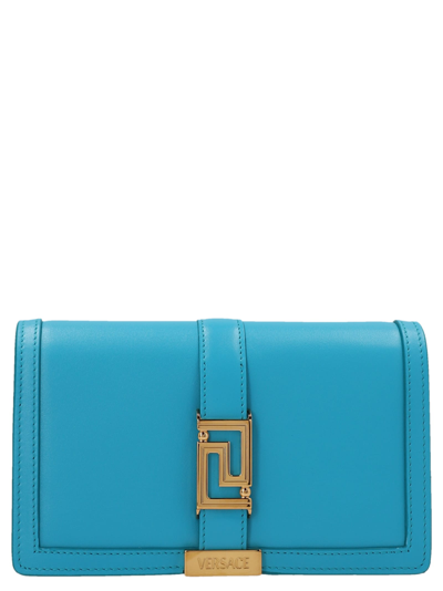 Shop Versace Greca Goddess Clutch Bag In Light Blue