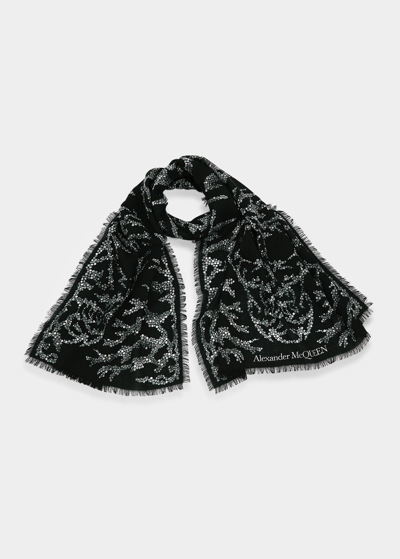 Shop Alexander Mcqueen Embellished Spine Silk Scarf In Black/grey