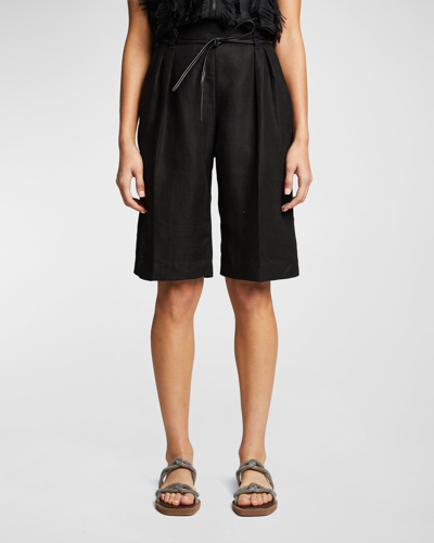 Shop Brunello Cucinelli Linen Bermuda Shorts With Leather Belt In C101 Black