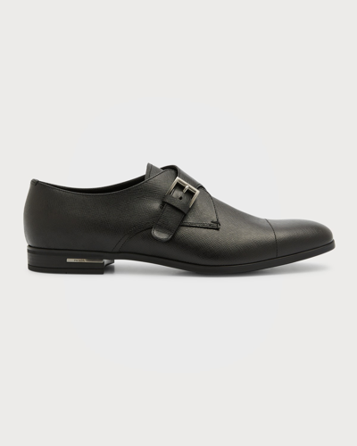 Shop Prada Men's Saffiano Leather Monk Strap Loafers In Nero