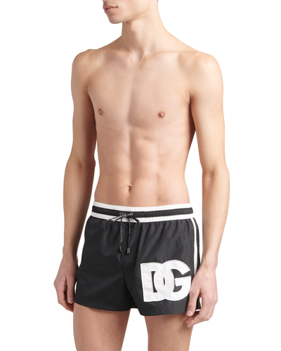 Shop Dolce & Gabbana Men's Dg Logo Swim Shorts In Black/white