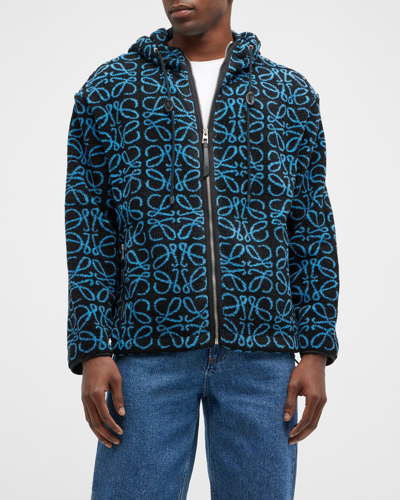 Shop Loewe Men's Anagram Jacquard Fleece Jacket In Black/turq