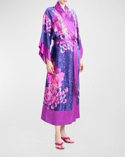 Shop Josie Natori Sumida Floral-print Tassel Silk Robe In Deep Purple