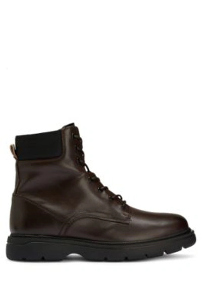 Shop Hugo Boss Leather Half Boots With Logo Details In Dark Brown