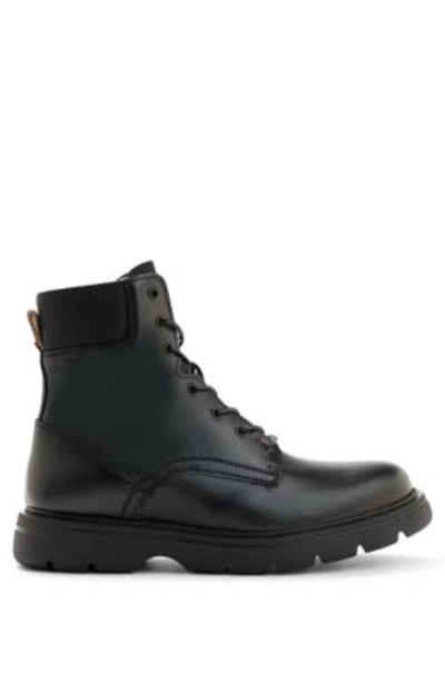Shop Hugo Boss Leather Half Boots With Logo Details In Black