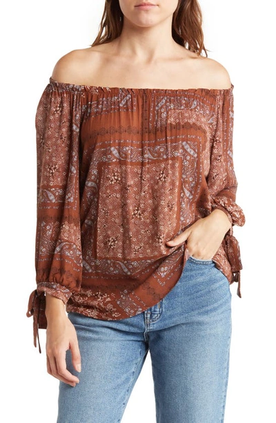 Shop Renee C Off The Shoulder Floral Paisley Print Self Tie Top In Brown