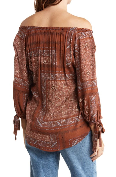 Renee C Off The Shoulder Floral Paisley Print Self Tie Top In Brown