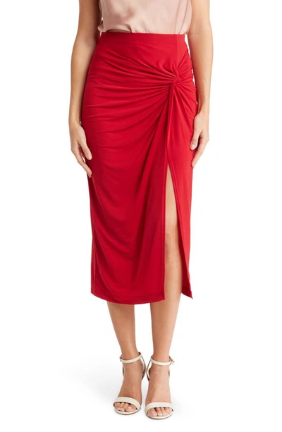 Shop Renee C Ruched Solid Midi Skirt In Red