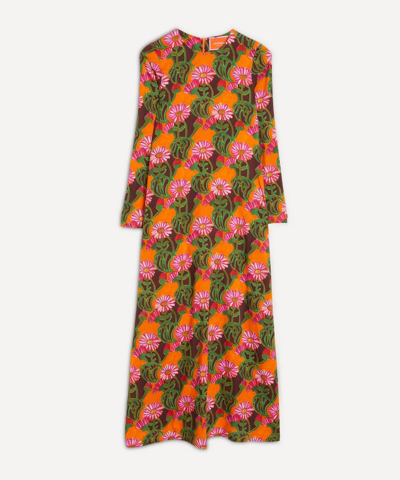 La Doublej Floral Striped-print Long-sleeve Maxi Swing Dress In Orange Gerber