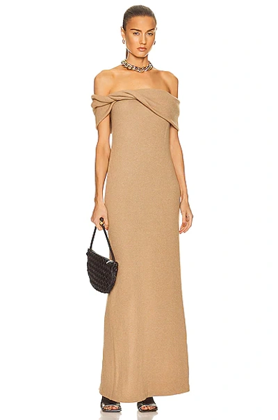 Shop Brandon Maxwell Off The Shoulder Rib Knit Gown In Camel
