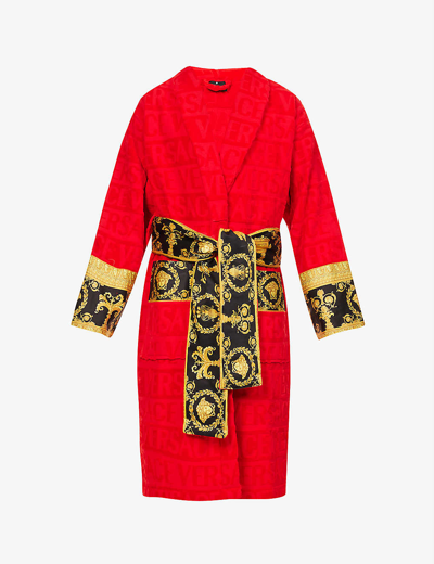 Shop Versace Logo And Baroque-print Cotton-towelling Robe In Red