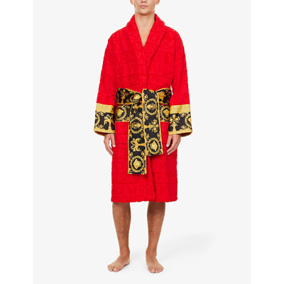 Shop Versace Logo And Baroque-print Cotton-towelling Robe In Red