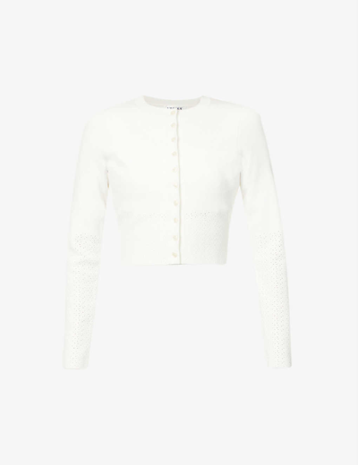Shop Victoria Beckham Womens White Cropped Cut-out Stretch-woven Cardigan