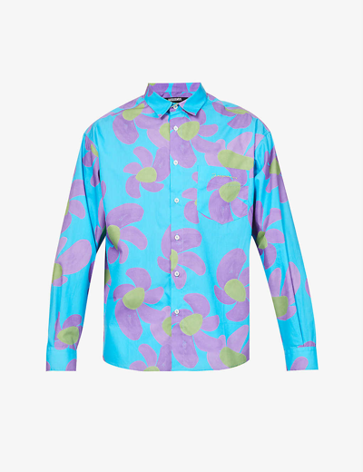 Shop Jacquemus La Chemise Simon Floral-pattern Relaxed-fit Cotton-poplin Shirt In Print Purple Flowers