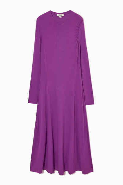 Shop Cos Long-sleeved Gathered Jersey Midi Dress In Purple