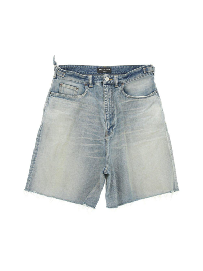 Shop Balenciaga Frayed Edge Denim Shorts In 80s Dirty Clear Blu