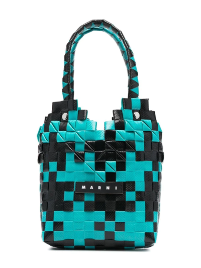 Shop Marni Calf-leather Dogtooth Basket Bag In Blue