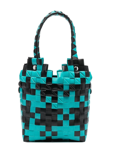 Shop Marni Calf-leather Dogtooth Basket Bag In Blue