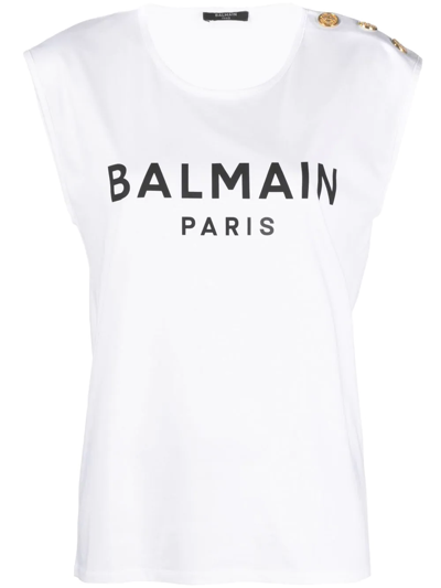 Shop Balmain Button-detail Logo-print Tank Top In White