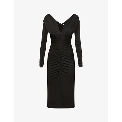 Shop Et Ochs V-neck Ruched Stretch-woven Midi Dress In Black