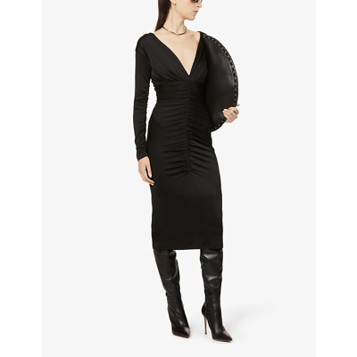Shop Et Ochs V-neck Ruched Stretch-woven Midi Dress In Black