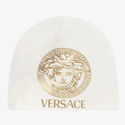 Shop Versace White & Gold Medusa Logo Baby Hat