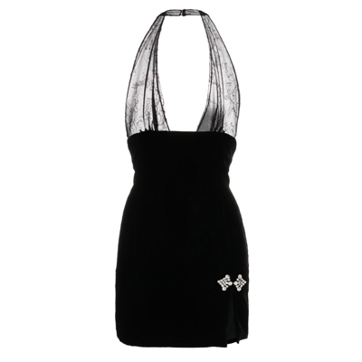 Shop Alessandra Rich Crystal Embellished Lace Halterneck Mini Dress - Women's - Viscose/elastane/silk/polyesterviscose In Black