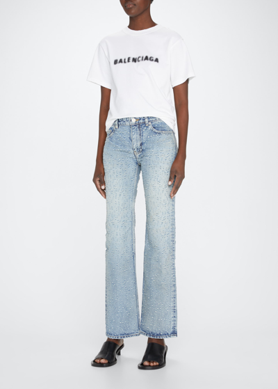 Shop Balenciaga Distressed Holes Straight-leg Ankle Jeans In Light Blue