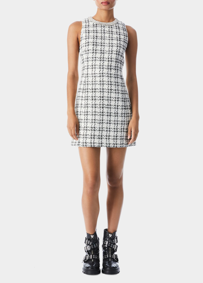 Shop Alice And Olivia Clyde Tweed Embellished Mini Shift Dress In Off White / Black