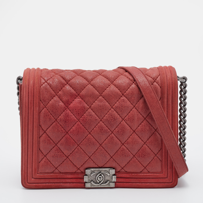 Pre-owned Chanel Burnt Red Quilted Suede Large Boy Flap Bag