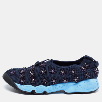 Pre-owned Dior Navy Blue Mesh Fusion Floral Embellished Slip On Sneakers Size 37
