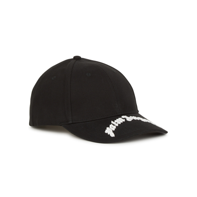 Shop Palm Angels Black Logo Cotton Cap In Black And White