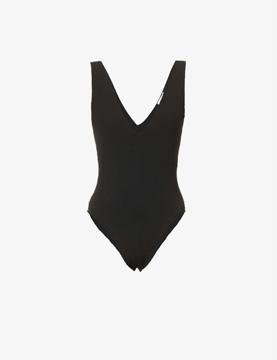 Shop Victoria Beckham Fitted V-neck Stretch-woven Bodysuit In Black