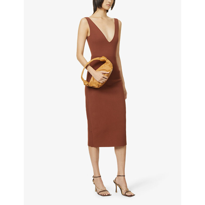 Shop Victoria Beckham Fitted V-neck Stretch-woven Bodysuit In Brown